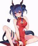  2020 animal_humanoid arknights asian_clothing blue_hair blush breasts cary_(artist) chen_(arknights) chinese_clothing chinese_dress clothed clothing dragon dragon_humanoid dress east_asian_clothing female hair hi_res horn humanoid red_eyes simple_background sitting solo white_background 