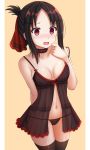  1girl @_@ babydoll bangs bare_arms bare_shoulders black_hair black_legwear black_panties bow bow_panties breasts brown_background censored collarbone commentary eyebrows_visible_through_hair folded_ponytail hair_ribbon hand_up highres kaguya-sama_wa_kokurasetai_~tensai-tachi_no_renai_zunousen~ kazenokaze medium_breasts mosaic_censoring navel open_mouth panties parted_bangs red_eyes red_ribbon ribbon see-through shinomiya_kaguya solo strap_slip thighhighs underwear underwear_only wavy_mouth 