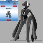  character_name creature deoxys deoxys_(normal) directional_arrow full_body fusion gen_2_pokemon gen_3_pokemon grey_background looking_to_the_side no_humans number pokemon pokemon_(creature) pokemon_number shadow signature simple_background single_eye standing tineyincubus unown unown_a 