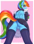  2020 anthro black_border blush border butt clothed clothing digital_media_(artwork) equid equine eyebrows eyelashes female friendship_is_magic genitals hi_res legwear looking_at_viewer looking_back mammal multicolored_tail my_little_pony pterippus pussy rainbow_dash_(mlp) rainbow_tail rear_view simple_background smile solo text twistedscarlett60 url wings 