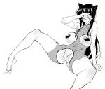  1girl absurdres animal_ears armpits ass bare_shoulders barefoot blush bodysuit breast_cutout breasts cameltoe cat_ears covered_nipples eyebrows_visible_through_hair f.w.zholic facing_viewer fishnet_bodysuit fishnets greyscale heart_pasties highres komi-san_wa_komyushou_desu komi_shouko long_hair looking_at_viewer monochrome pasties simple_background sitting solo spread_legs sweat thighhighs thong white_background 