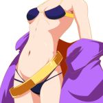  1girl belt bikini black_bikini breasts cape cape_removed cato_(monocatienus) commentary_request head_out_of_frame multi-strapped_bikini navel purple_cape simple_background small_breasts solo strap_gap swimsuit touhou toyosatomimi_no_miko white_background 