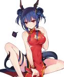  2020 animal_humanoid arknights asian_clothing blue_hair breasts cary_(artist) chen_(arknights) chinese_clothing chinese_dress clothed clothing dragon dragon_humanoid dress east_asian_clothing female hair hi_res horn humanoid red_eyes simple_background sitting solo white_background 