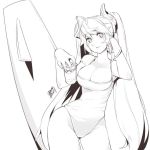  1girl breasts chinese_text cleavage closed_mouth ejami greyscale league_of_legends long_hair looking_at_viewer monochrome simple_background solo sona_buvelle swimsuit translation_request white_background 