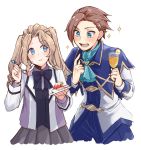  1boy 1girl :t absurdres aqua_eyes ascot bangs black_bow black_neckwear blue_eyes blue_neckwear bow bowtie brooch brother_and_sister brown_hair cake capelet commentary cup drinking_glass eating eyebrows_visible_through_hair food fork fruit genderswap genderswap_(ftm) genderswap_(mtf) grey_skirt highres jewelry katarina_claes keith_claes light_brown_hair long_hair long_sleeves looking_at_another mutton_(user_hafp8324) otome_game_no_hametsu_flag_shika_nai_akuyaku_reijou_ni_tensei_shite_shimatta pleated_skirt pointing pointing_at_self siblings simple_background skirt sparkle strawberry swept_bangs twintails white_background 