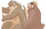  2020 anal anthro ashigara belly bodily_fluids brown_body brown_fur canid canine canis cum domestic_dog duo ejaculation fur genital_fluids genitals hi_res hottophoto humanoid_hands kemono male male/male mammal overweight overweight_male penis scar sex shino_(housamo) simple_background tokyo_afterschool_summoners ursid video_games white_background 