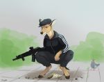  ak105 anthro brown_body capreoline cervid cervine clothing crouching detailed_background female gopnik gun hooves inot kalashnikov looking_at_viewer mammal ranged_weapon rifle slav_squat tracksuit unnamed_character weapon white-tailed_deer 