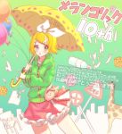  1girl anniversary balloon bangs blonde_hair blue_eyes bottle bow bunny chair cityscape commentary cowboy_shot flower giraffe green_background green_jacket hair_bow hair_ornament hairclip highres holding holding_umbrella hood hooded_jacket jacket kagamine_rin krlouvf looking_at_viewer melancholic_(vocaloid) melancholy_(module) paper pink_skirt road_sign rose sign skirt solo standing swept_bangs translated umbrella vocaloid white_bow yellow_flower yellow_rose zipper 
