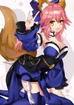  1girl absurdres animal_ear_fluff animal_ears artist_request blue_kimono blue_legwear blue_ribbon breasts cleavage commentary commentary_request eyebrows_visible_through_hair fangs fate/extella fate/extra fate/grand_order fate_(series) fox_ears fox_girl fox_shadow_puppet fox_tail hair_ribbon hand_gesture highres japanese_clothes kimono large_breasts looking_at_viewer open_mouth pink_hair ribbon shadow_puppet sign_language solo tail tamamo_(fate)_(all) tamamo_no_mae_(fate) yellow_eyes 