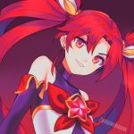  1girl absurdres bare_shoulders blush elbow_gloves gloves gradient gradient_background grin hand_on_hip highres jinx_(league_of_legends) league_of_legends long_hair magical_girl navel nose_blush red_eyes red_hair red_theme smile smirk solo star star_guardian_(league_of_legends) star_guardian_jinx turtleneck twintails upper_body v-shaped_eyebrows yaya_chan 