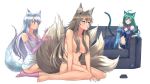  3girls :o absurdres afba ahoge animal_ear_fluff animal_ears bare_shoulders black_skirt breasts brown_hair cat_ears cat_girl cat_tail cleavage collarbone commission couch elbow_gloves fox_girl gloves hair_between_eyes highres large_breasts long_hair looking_at_another lying medium_breasts multiple_girls multiple_tails navel nude on_couch on_side original pink_gloves silver_hair sitting skirt tail white_hair 