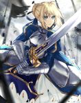  1girl absurdres ahoge armor armored_dress artoria_pendragon_(all) blonde_hair breasts commentary dress excalibur eyebrows_visible_through_hair fate/stay_night fate_(series) gauntlets green_eyes hair_ribbon highres holding holding_sword holding_weapon huge_filesize kanniepan ribbon saber short_hair solo sword weapon 