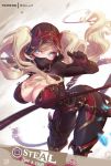  1girl animal_ears blonde_hair blue_eyes bodysuit breasts cat_ears cat_tail gameplay_mechanics large_breasts looking_at_viewer mask mitsu_(mitsu_art) mouth_mask skin_tight solo tagme tail takamaki_anne weapon whip 