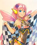  1girl armband bare_shoulders black_leotard blue_eyes butterfly_wings checkered checkered_flag commentary english_commentary flag flower from_side goodsmile_racing grin hair_flower hair_ornament hand_up highres holding holding_flag leotard long_hair looking_at_viewer mayo_riyo megurine_luka outstretched_arm pink_hair purple_flower purple_rose rose smile solo traditional_media upper_body vocaloid watercolor_(medium) wings 