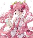  1girl bare_shoulders cherry_blossom_print cherry_blossoms cherry_hair_ornament commentary detached_sleeves falling_petals floral_print flower food_themed_hair_ornament hair_ornament hand_up hatsune_miku headphones headset holding holding_flower leaf long_hair looking_at_object necktie pink_eyes pink_flower pink_hair pink_neckwear pink_skirt pink_sleeves pleated_skirt sakura_miku shirt skirt sleeveless sleeveless_shirt smile solo twintails upper_body utaori very_long_hair vocaloid white_background white_shirt 