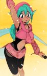  1girl aqua_hair arm_up arm_warmers armpits black_bodysuit black_eyes blue_lipstick blurry bodysuit breasts cable cowboy_shot crop_top dark_skin depth_of_field eyeshadow fins hair_between_eyes head_fins head_scarf highres juri_(yuu_yuu_hakusho) kuroi_moyamoya lipstick loincloth long_hair looking_at_viewer makeup medium_breasts microphone midriff navel navel_cutout open_mouth ponytail simple_background solo sweatdrop tail yellow_background yuu_yuu_hakusho 