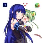  2girls absurdres adobe_photoshop bangs bare_shoulders black_gloves blue_eyes blue_hair blunt_bangs blush bracelet brush chibi dark_blue_hair double_bun dress elbow_gloves eyebrows_visible_through_hair fingerless_gloves gloves green_hair happy heart highres hug jewelry long_hair moe motherly multiple_girls one_eye_closed open_mouth orange_eyes original painttool_sai personification photoshop-tan pushing_away pushing_face short_hair simple_background size_difference smile upper_body white_background white_dress white_legwear yaya_chan 