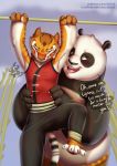  aliscik anthro arms_above_head bodily_fluids dialogue dreamworks duo english_text eyes_closed felid female giant_panda hi_res kung_fu_panda male mammal master_po_ping master_tigress on_one_leg pantherine staff standing sweat tears text tickling tiger ursid 