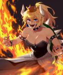  1girl armlet black_background black_dress blonde_hair blue_eyes bowsette bracelet collar commentary_request dress earrings fire getgyu horns jewelry mario_(series) new_super_mario_bros._u_deluxe open_mouth ponytail sharp_teeth sidelocks solo spiked_armlet spiked_bracelet spiked_collar spiked_shell spikes standing strapless strapless_dress super_crown teeth 