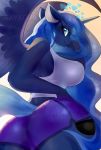  2020 amethystdust anthro blue_eyes blue_hair bottomwear butt clothed clothing cutie_mark equid eyelashes feathered_wings feathers female friendship_is_magic hair hi_res horn long_hair mammal my_little_pony princess_luna_(mlp) shirt shorts smile solo tank_top topwear winged_unicorn wings 
