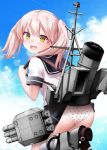  1girl alternate_eye_color alternate_hair_color ass black_sailor_collar black_skirt blue_sky cloud commentary_request cosplay fang from_behind highres kantai_collection kirigakure_(kirigakure_tantei_jimusho) looking_at_viewer machinery panties pink_hair polka_dot polka_dot_panties ryuujou_(kantai_collection) sailor_collar sazanami_(kantai_collection) sazanami_(kantai_collection)_(cosplay) skin_fang skirt sky smile smokestack solo torpedo_launcher underwear white_panties yellow_eyes 