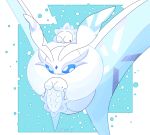  blue_eyes commentary creature english_commentary flying frosmoth gen_8_pokemon highres holding holding_pokemon lawen no_humans on_head pokemon pokemon_(creature) pokemon_on_head riding riding_pokemon signature snom white_theme 