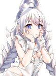  +_+ 1girl :t ahoge animal_ear_fluff animal_ears azur_lane bangs blue_eyes braid breasts cocoacoah commentary_request fake_animal_ears fake_tail hands_on_own_cheeks hands_on_own_face le_malin_(azur_lane) le_malin_(listless_lapin)_(azur_lane) leotard long_hair looking_at_viewer low_twin_braids rabbit_ears rabbit_tail signature silver_hair simple_background small_breasts solo tail twin_braids upper_body white_background white_leotard wrist_cuffs 
