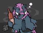  5_fingers alcohol anthro bagooska_the_terribly_tired_tapir beer beverage black_body black_fur blush drunk_bubbles erection fingers foreskin fur genitals humanoid_genitalia humanoid_penis konami male mammal open_mouth pawpads penis purple_body purple_fur saltshovel sitting slightly_chubby solo tail_fluff tapir trunk tusks uncut yu-gi-oh 