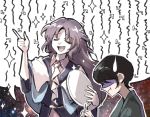  1boy 1other androgynous book_of_the_cafe capelet clause closed_eyes coat eating faceless faceless_male len&#039;en long_hair necktie purple_hair shaded_face silver_yes_yes smile tray 