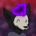  1:1 anthro black_body black_ears black_fur canid canine canis coyote eyes_closed fur glowing glowing_hair gradient_background hair klamek male mammal mask phol portrait purple_hair signature simple_background simple_nose simple_shading smile solo 