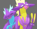  ^_^ closed_eyes commentary creature english_commentary facing_viewer gen_8_pokemon grey_background highres lawen looking_at_viewer no_humans pokemon pokemon_(creature) signature simple_background tongue tongue_out toxtricity toxtricity_(amped) toxtricity_(low_key) upper_body 