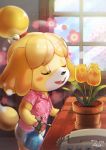  2020 animal_crossing anthro blush canid canine canis clothed clothing digital_media_(artwork) domestic_dog eyes_closed female fur hair hi_res iria_(yumeirokingyo) isabelle_(animal_crossing) male mammal nintendo open_mouth shih_tzu smelling smile solo toy_dog tulip_(flower) video_games yellow_body yellow_fur 