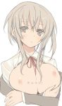  1girl blade_(galaxist) blush breasts brown_eyes closed_mouth copyright_request grey_hair large_breasts long_sleeves looking_at_viewer medium_hair neck_ribbon nipples red_neckwear red_ribbon ribbon simple_background solo upper_body white_background 