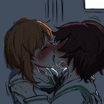  2girls akiyama_yukari blush brown_hair closed_eyes girls_und_panzer kiss multiple_girls nishizumi_miho noumen school_uniform serafuku short_hair sketch sweat yuri 