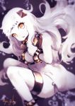  1girl armlet closed_mouth dress feet_out_of_frame floating_hair from_side headgear holding kantai_collection kyouya_(mukuro238) legband long_hair looking_at_viewer northern_ocean_hime orange_eyes solo twitter_username very_long_hair white_dress white_hair white_skin 