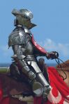  absurdres armor armored_boots blurry blurry_background boots breastplate cloud commentary day english_commentary facing_to_the_side from_side full_armor gauntlets helm helmet highres holding horse kalmahul knight leash original outdoors riding shiny shoulder_plates 