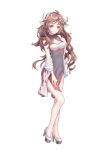  1girl absurdres arknights bangs breasts brown_hair china_dress chinese_clothes cleavage cleavage_cutout dress eyjafjalla_(arknights) floating_hair full_body grey_dress high_heels highres horns kirby_d_a long_hair parted_lips purple_eyes sash shiny shiny_hair side_slit simple_background sleeveless sleeveless_dress small_breasts solo standing very_long_hair white_background 