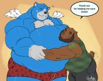  2020 anthro belly blue_body blue_fur bottomwear brown_body brown_fur bulge clothing deadanthro duo english_text eyes_closed fur hi_res hug humanoid_hands male male/male mammal moosh nintendo oracle_of_ages oracle_of_seasons overweight overweight_male shirt shorts simple_background text the_legend_of_zelda topwear underwear ursid video_games 