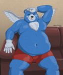  2020 anthro bearicthecleric belly blue_body blue_fur bodily_fluids bulge clothing eyes_closed fur furniture hi_res humanoid_hands male mammal moobs moosh navel nintendo oracle_of_ages oracle_of_seasons overweight overweight_male sitting sofa solo sweat the_legend_of_zelda underwear ursid video_games wings 