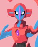  commentary creature deoxys english_commentary gen_3_pokemon lawen looking_at_viewer no_humans pink_background pokemon pokemon_(creature) signature simple_background solo upper_body 