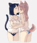  2girls animal_ears ass bangs bell bell_choker black_panties blue_choker blue_panties blush breasts brown_eyes cat_ears cat_girl cat_tail cheek_licking choker closed_eyes commentary_request cropped_legs dog_ears dog_girl dog_tail eyebrows_behind_hair face_licking grey_background highres jingle_bell kokudou_juunigou licking long_hair multiple_girls no_pants original panties parted_lips puffy_short_sleeves puffy_sleeves shirt short_hair short_sleeves simple_background small_breasts tail tail_raised thick_eyebrows tongue tongue_out translation_request underwear white_shirt 