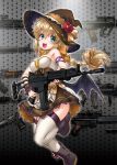  1girl ak-47 alternate_costume apron arm_warmers armory assault_rifle bangs bat_wings blue_eyes boots braid braided_ponytail breasts brown_hair bullpup byeontae_jagga crescent crescent_moon_pin cross-laced_footwear desert_eagle dress fn_fnc fnc_(girls_frontline) garter_straps girls_frontline gun h&amp;k_mp5 hair_between_eyes hair_ornament hair_ribbon halloween halloween_costume handgun hat hat_ribbon highres holding holding_weapon knee_boots lace-up_boots layered_skirt leg_up light_machine_gun long_hair low_wings m16 m16a1 m4_carbine m60 machine_gun open_mouth orange_scarf p90 ponytail ribbon rifle scarf scope skirt sniper_rifle solo star star_hair_ornament steyr_aug strapless strapless_dress submachine_gun thighhighs vertical_foregrip waist_apron weapon weapon_rack weapon_request wings witch_hat wrist_cuffs 