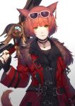  1girl animal_ears arm_at_side bangs brown_hair buckle caidychen choker closed_mouth coat collarbone ear_tag english_commentary eyebrows_visible_through_hair eyewear_on_head final_fantasy final_fantasy_xiv fur-trimmed_coat fur_trim gradient gradient_background green_eyes hand_up heterochromia holding holding_weapon jewelry light_smile lips long_sleeves looking_at_viewer miqo&#039;te pendant pink-framed_eyewear red_coat solo standing strap sunglasses tail weapon whisker_markings white_background yellow_eyes 