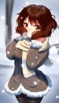  1girl absurdres bangs black_legwear brown_hair closed_mouth coat cowboy_shot day fur_coat grey_coat h-appa hibike!_euphonium highres long_sleeves looking_at_viewer oumae_kumiko outdoors pantyhose scarf shiny shiny_hair shiny_legwear short_hair smile snowing solo standing steam white_scarf winter winter_clothes winter_coat yellow_eyes 