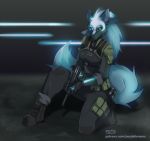  ammo_belt anthro battle_ready canid canine canis clothing female fluffy fluffy_tail glare glowing hi_res looking_at_viewer luna_(hunterx90) mammal military_uniform pose purplelemons solo tactical text uniform url wolf 