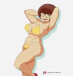  1girl against_wall armpits arms_up belly bikini breasts brown_hair cleavage constricted_pupils curvy large_breasts navel open_mouth patreon_username pose scooby-doo short_hair smile solo spaghetti_strap strap_gap swimsuit thick_thighs thighs underboob velma_dace_dinkley watermark web_address white_background yashiro_a._marino yellow_bikini 