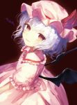  1girl bat bat_wings blue_hair blush commentary_request dress frills from_side hat highres kisamu_(ksmz) looking_at_viewer mob_cap open_mouth pink_dress pink_headwear pink_shirt red_eyes red_ribbon remilia_scarlet ribbon shirt short_hair short_sleeves slit_pupils solo touhou wings 