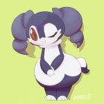  ;) brown_eyes closed_mouth commentary creature english_commentary full_body gen_8_pokemon highres indeedee indeedee_(female) no_humans one_eye_closed pokemon pokemon_(creature) simple_background smile solo standing yellow_background 