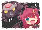  1girl :o ahoge bangs black_capelet blue_eyes blush brown_wings capelet checkered checkered_background chibi crescent crescent_hair_ornament debidebi_debiru demon demon_girl demon_horns demon_wings eyebrows_visible_through_hair fangs frilled_capelet frills hair_between_eyes hair_ornament heterochromia horns long_hair looking_at_viewer neck_ribbon nijisanji notice_lines open_mouth red_eyes red_hair red_ribbon reku ribbon two_side_up v-shaped_eyebrows virtual_youtuber wings yuzuki_roa 