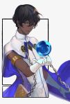  1boy arjuna_(fate/grand_order) black_hair brown_eyes cape closed_mouth dark_skin dark_skinned_male darkavey eyebrows_visible_through_hair fate/grand_order fate_(series) fighting_stance gloves gradient_hair hair_between_eyes highres holding jewelry long_sleeves looking_at_viewer male_focus multicolored_hair simple_background solo standing white_gloves 